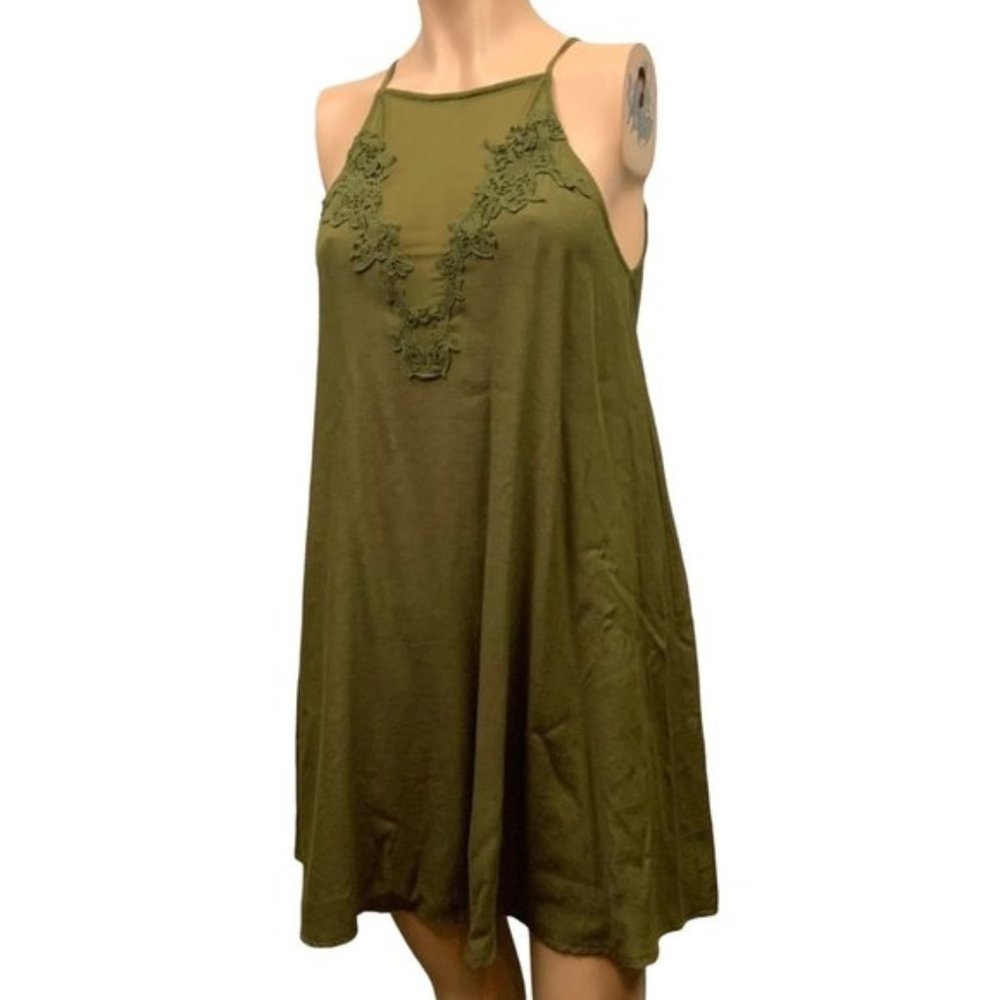 Lush Women's dress Sz S olive green halter mini lace detailing sleeveless racerb